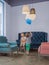 Children celebration background. Happy children playing indoor. Classical interior background. Happy kid relaxing at