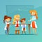 Children at chemistry class vector illustration of pupils and teacher with chemical formula on blackboard cartoon design