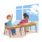 Children in classroom flat vector illustration. Schoolboy and schoolgirl in uniform cartoon characters. Diligent