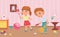 Children clean playroom housework, boy child holding broom and scoop, girl cleaning