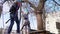 Children climb to the rope Park. rear view