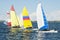 Children close sailing, racing catamarans with brightly coloured sails