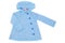 Children coat. Stylish light blue children coat with hood. Spring and autumn fashion.