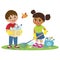 Children Collect Rubbish For Recycling Vector Illustration. Eco Education Vector.