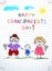 Children colorful hand drawn vector greeting card with grandpa, grandma and grandchild together.