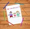 Children colorful hand drawn vector greeting card with grandpa, grandma and granddaughter together.