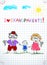 Children colorful hand drawn vector greeting card with grandpa, grandma and grandson together.