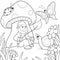 Children coloring, gnome sees under mushroom and communicates with insects and slugs. Black lines, white background.
