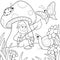 Children coloring, gnome sees under mushroom and communicates with insects and slugs. Black lines, white background.