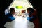 Children in compartment of retro train carriage