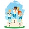 Children competitions winners on pedestal, flat vector illustration isolated.