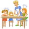Children cooking patty with mom.