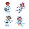 Children in cosmic suits and helmets in space. Kids astronauts explorers collection, little boys and girls cosmonauts