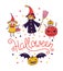 Children in costumes. Greeting halloween card with lettering - \'Halloween\' and witch and pumpkin.