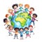 Children of different nationalities around earth. International multicultural friendship. Diversity, ethnicity, unity concept.