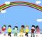 Children of different races are in the clouds under the rainbow