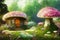 Children digital illustration, magic elven house with fairy tale mushrooms and flowers, fairyland wallpaper