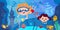 Children dive and swim with sea creatures underwater. Sea castle, sunken ship and treasure. Full color banner, modern