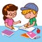 Children doing their homework on a desk. Vector Illustration