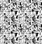 Children doodles draw black and white seamless pattern.