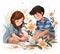 Children draw. Boy and girl enthusiastically color flowers, watercolor cartoon style vector illustration