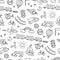 Children drawing of cars, train, plane, helicopter and rocket. Doodle transport. Seamless pattern in kid style.