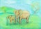 Children drawing - Elephant with baby the savannah