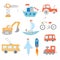 Children drawing. Kids painting transport cars tractors ship plane toys doodle vector hand drawn collection