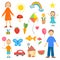 Children drawings. Colored crayon picture of kids hand drawn house rainbow people flowers sun vector collection