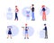 Children drinking clear water at water cooler set flat vector illustration