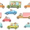 Children drive cars and bus. Seamless cartoon pattern. Kids motorists. Childrens background isolated. Various