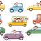 Children drive cars. Seamless cartoon pattern. Kids motorists. Childrens background isolated. Various automobiles