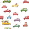 Children drive cars. Seamless cartoon pattern. Kids motorists. Childrens background isolated. Various automobiles. Toy