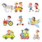 Children drivers. Kids in different transport. Boys and girls driving car or tractor. Horse cart. Young people riding