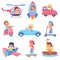 Children drivers. Young happy kids characters in different transport, cute little travellers, boys and girls in vehicles