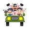 Children driving a car with cow, goat, sheep and pig cartoon vector illustration