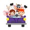 Children driving a car with cow, goat, sheep and pig cartoon vector illustration