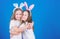 Children easter bunny costume. Playful girls sisters celebrate easter. Spring holiday. Happy childhood. Friendship