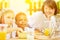 Children eat cereal at breakfast in summer camp