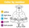 Children educational game. Coloring page. Fashionable dress. Color by numbers, printable activity