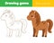 Children educational game. Complete the picture. Coloring page. Kids activity with horse. Printable drawing worksheet. Animals