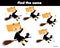 Children educational game. Find same pictures. Find two identical witch. halloween fun for kids and toddlers