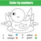 Children educational game. Mathematics coloring page with duck. Solve equations and color picture