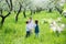 Children in embroidery in the garden