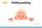 Children emotion landing page with naughty cheerful playful small boy child character peeking out