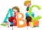 Children with English alphabets blocks