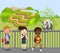 Children excursion to zoo vector illustration. Wild cute animal panda behind fence. Happy smiling visitors school kids