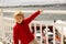 Children, experience ride on a ferry on a fjord, strong wind on the deck of a ferry on sunny day