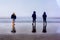 Children Explore Foggy Beach on Wet Sand