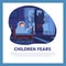 Children fears poster with little boy scared of monsters in the dark, flat vector illustration.